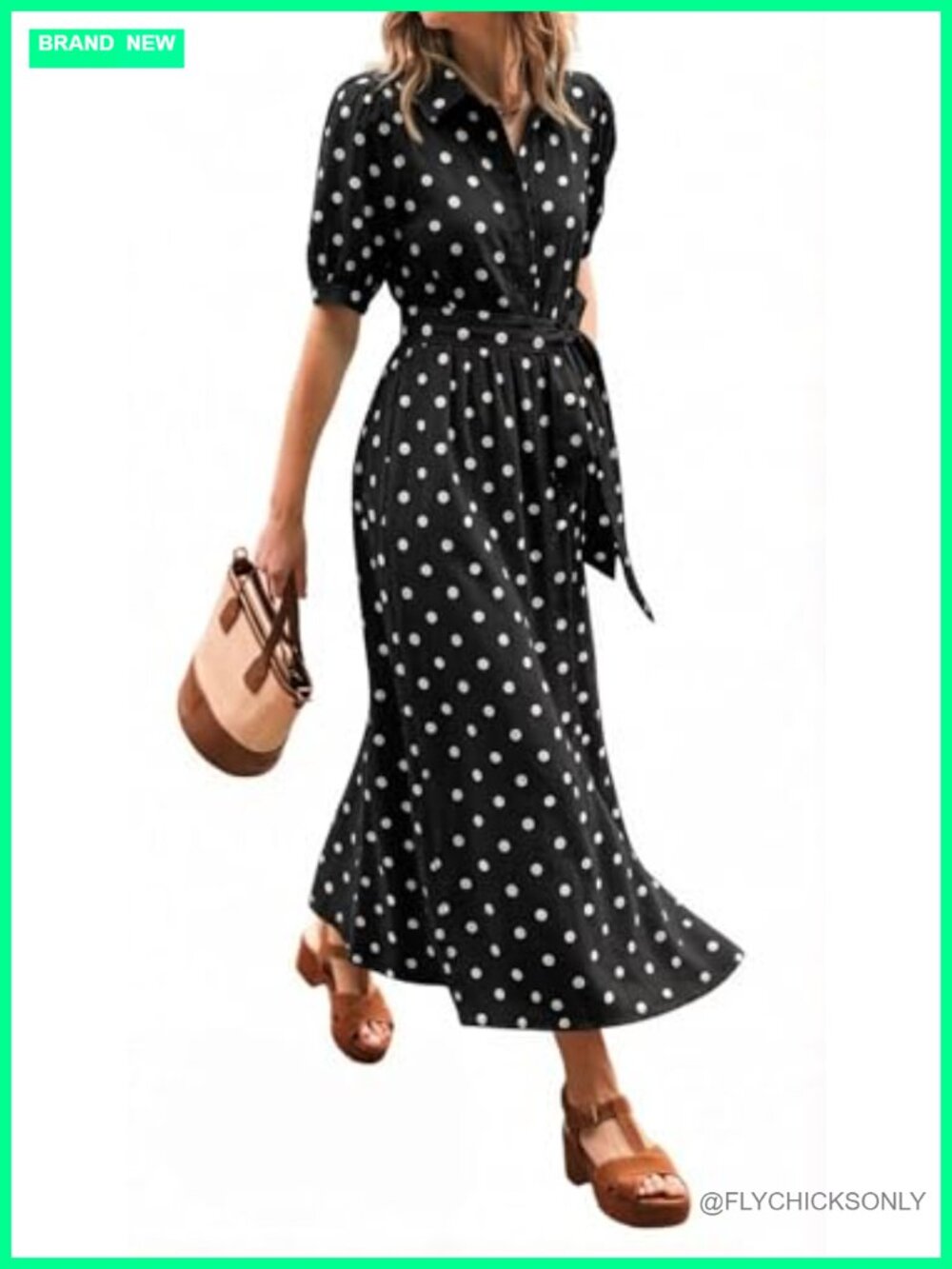 Polka Dot Midi Dress Puff Short Sleeve Button Down Belted Casual Summer